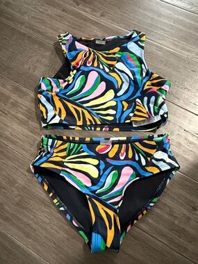 Old Navy Black Multicolor Abstract Leaf Print Two-Piece Swim Set
